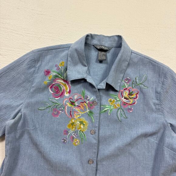 Vintage CityBlues By Koret Floral Embroidered Chambray Button Up Top, Size PL - Picture 2 of 7